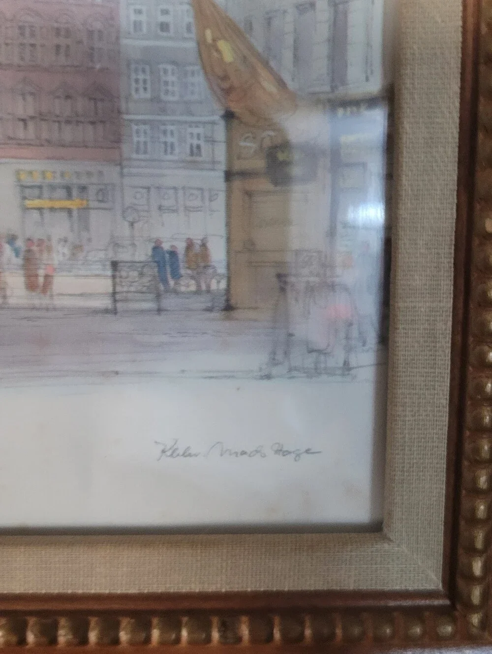 Mid-Century Danish Artist Mads Stage Copenhagen Cityscape Watercolor Print Frame